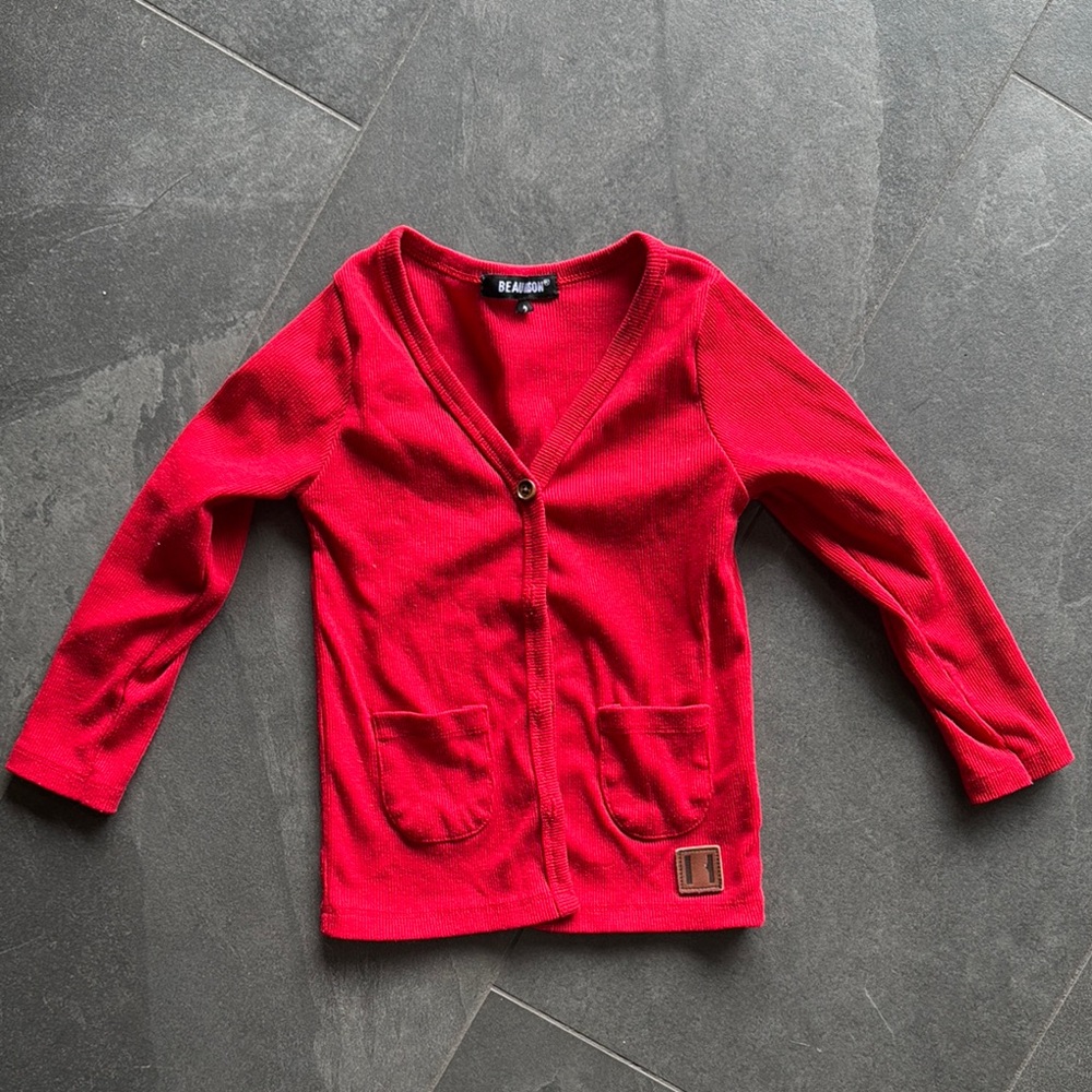 Red Knit V-Neck Sweater with Long Sleeves
